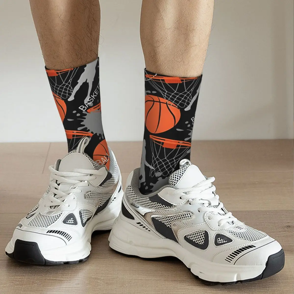 Retro Basketbal Speelpatroon Heren Compressiesokken Unisex Street Style Naadloze Bedrukte Nieuwigheid Crew Sok