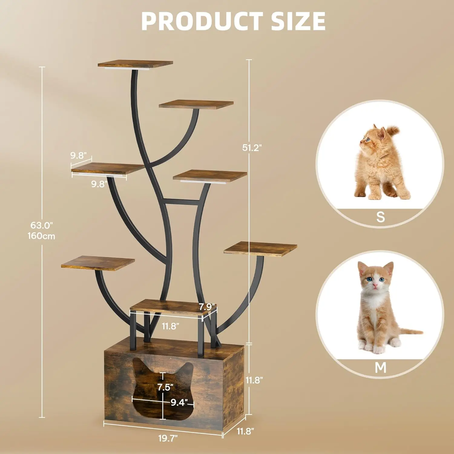 Tall Bookshelf with LED Light, Artistically Designed Tree Bookshelf with Cats Litter Box, 8-Tier Unique Bookshelves Corn