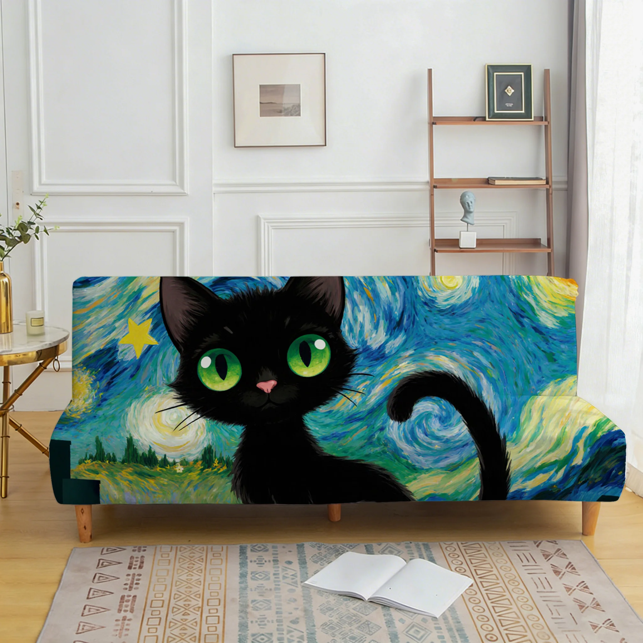 Van Gogh Starry Night Black Cat elastic sofa cover, non-slip and scratch-proof furniture protective cover, easy to install