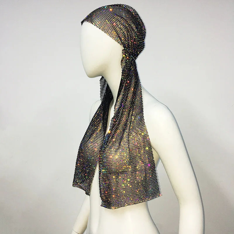 Elastic Rhinestone Pirate Bandana Long Tail Head Scarf Music Performance Headwear for Women Western Style Accessory