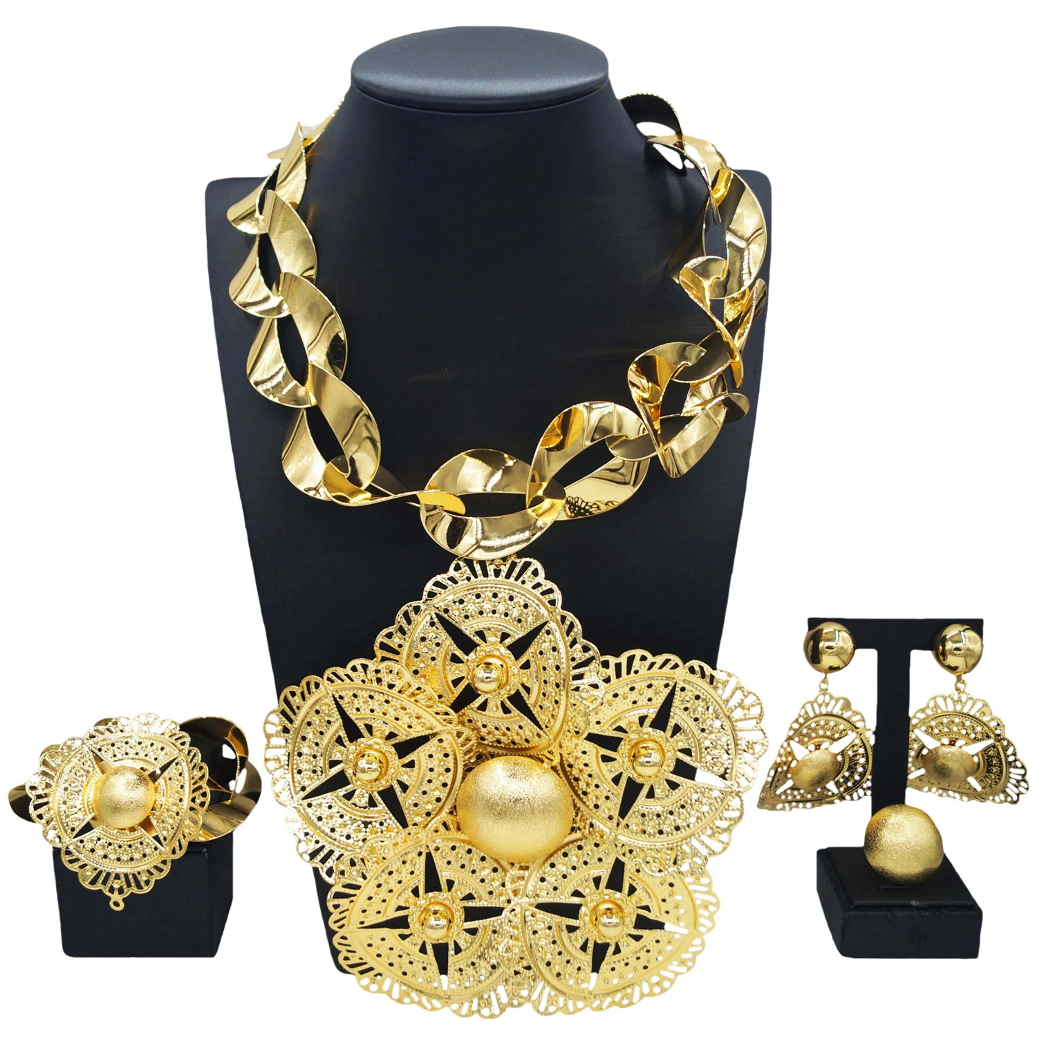 Yulaili Personalized Jewelry Set Hollow chain Brass Gold plated luxury exquisite large pendant Nigeria wedding 4-piece gift box