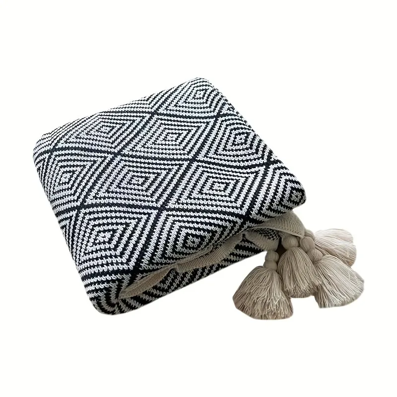 1pcs Household Bohemian Sofa Throw Blanket - Multi-Use for Travel Office Nap Geometric Pattern with Fringe Trim