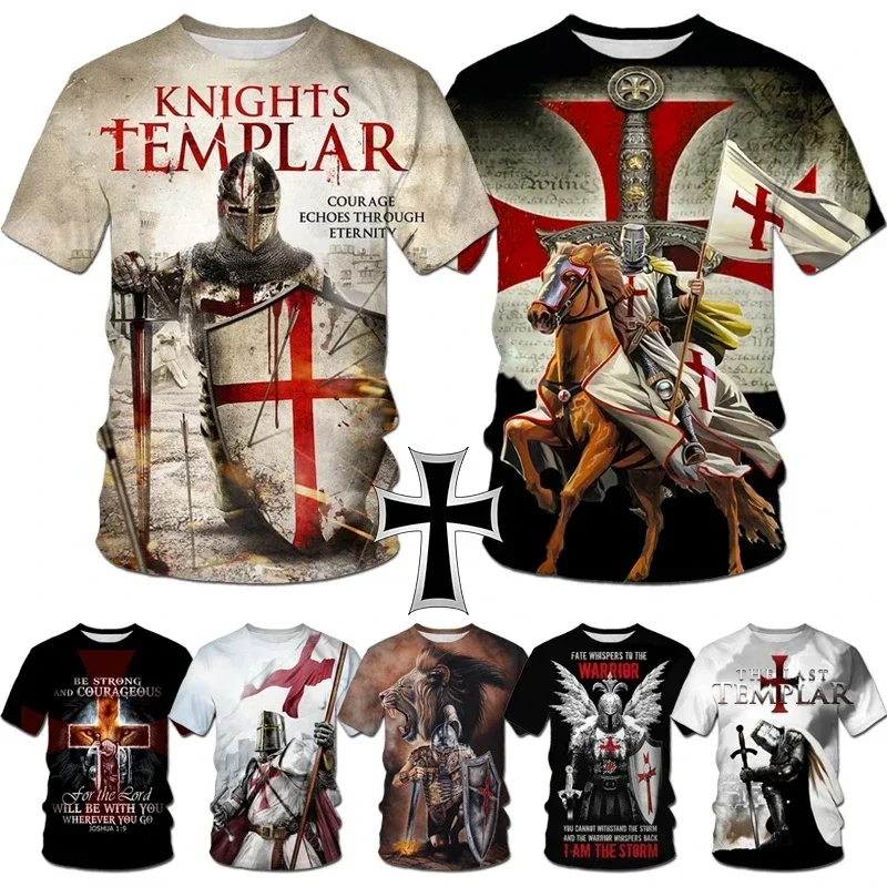 

3D Templar Knight Print T-shirt, Feminine T-shirt with the Holy Cross Pattern, Men's Outdoor Breathable Casual T-shirt
