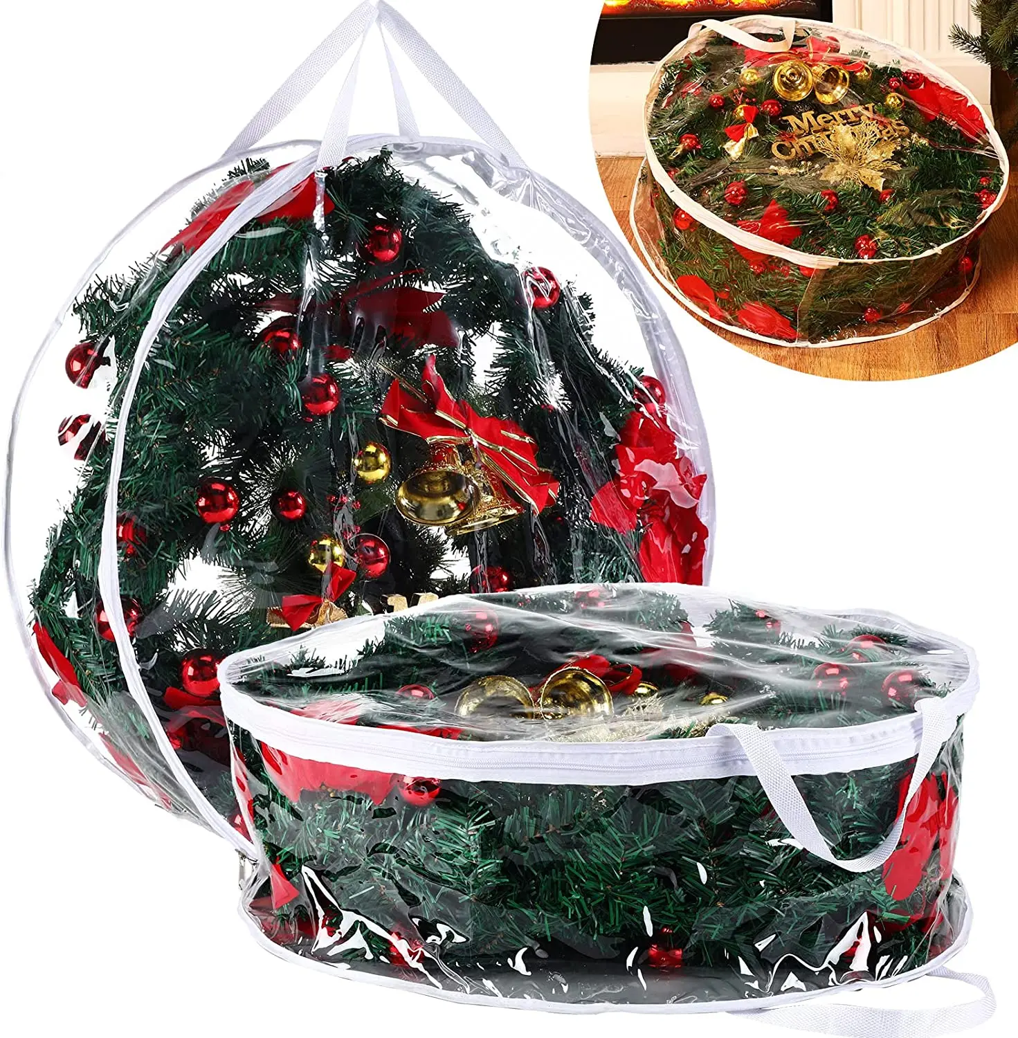 Christmas Wreath Storage Container Bags 30 Inch Clear Plastic with Dual Zippers and Handles for Xmas