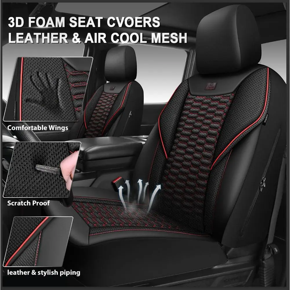Breathable Mesh & Leather Car Seat Covers - Universal Fit for Sedan, SUV, Truck - Black & Red