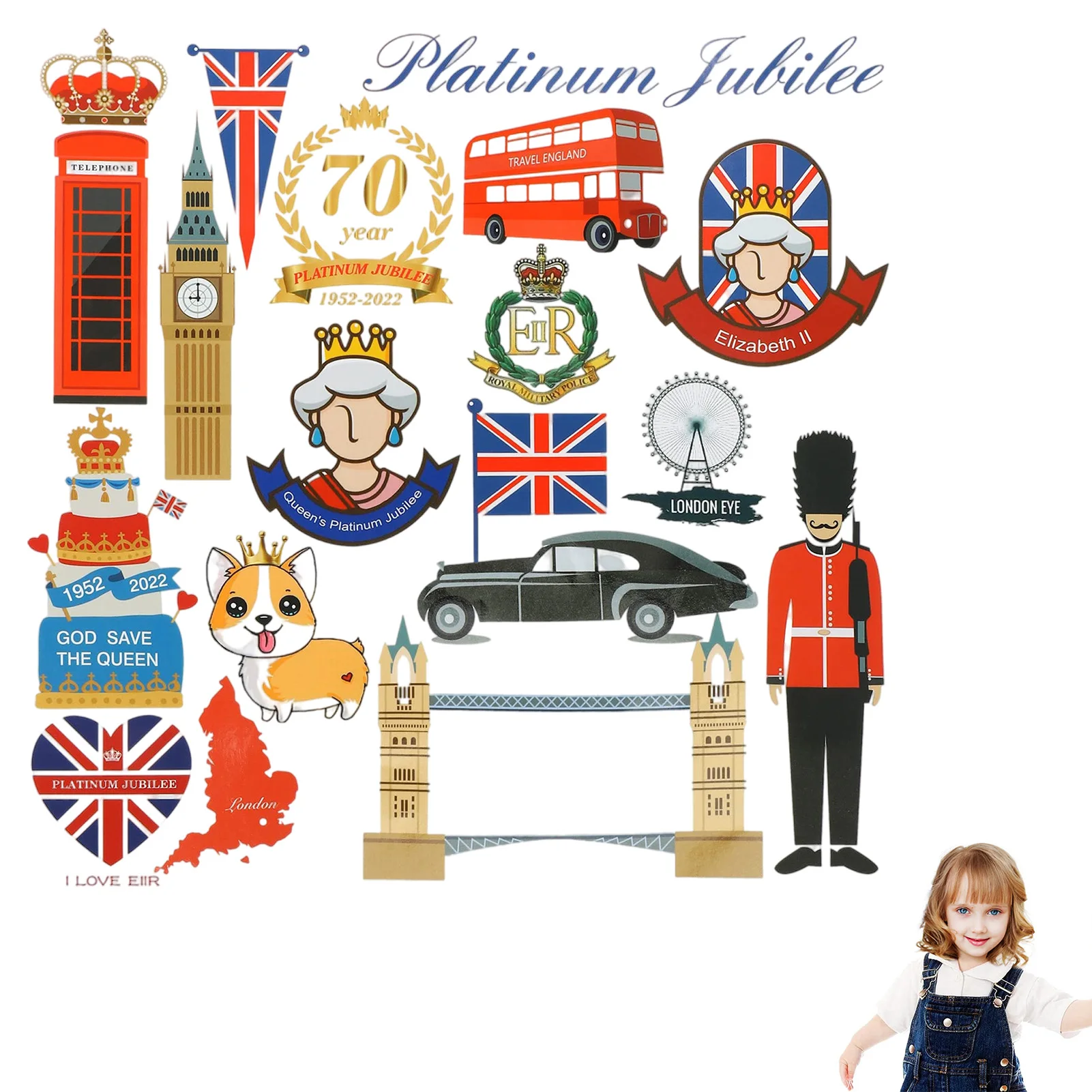 

57pcs Queen's Jubilee Decorations Stickers 2022 70th Queen's Jubilee Decorative Stickers British London Decorations PVC Decals