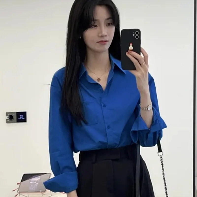

Vintage Blue Long Sleeve Shirts Women Spring Autumn 2025 Chic Single Breasted Blouses Woman Loose Turn Down Collar Shirts Ladies