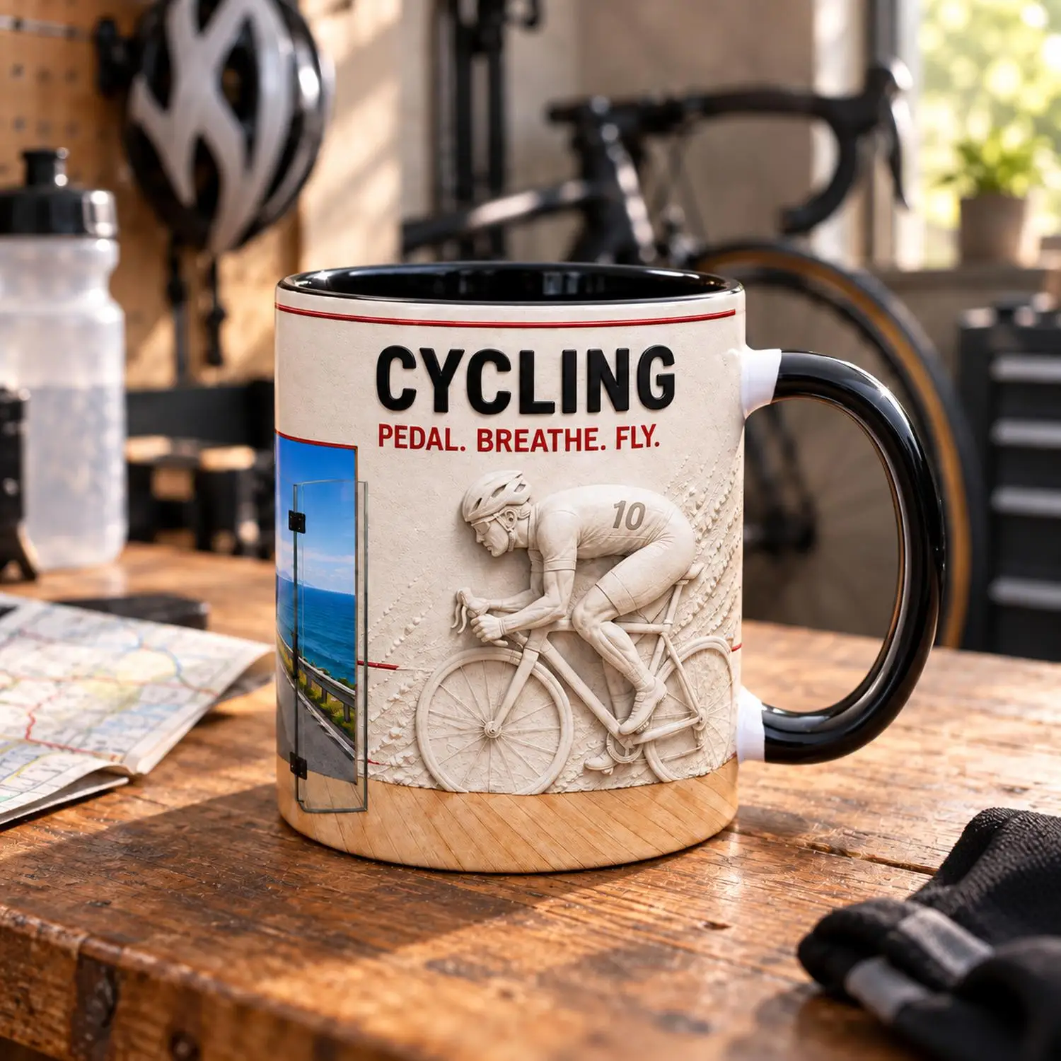 Custom Cycling Coffee Mug 11oz Ceramic Cup 325ml, Cyclist Print, Pedal Breathe Fly Slogan, Add Your Name, Gift for Cyclists
