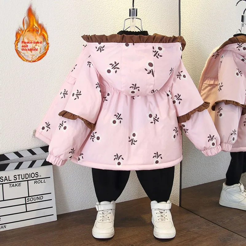 

Girls Fce Lined Hooded Jaet Thiened Korean Sle Autumn Winter Clothes Floral Trim Baby Girl Cotton Coat Long Sve Z...