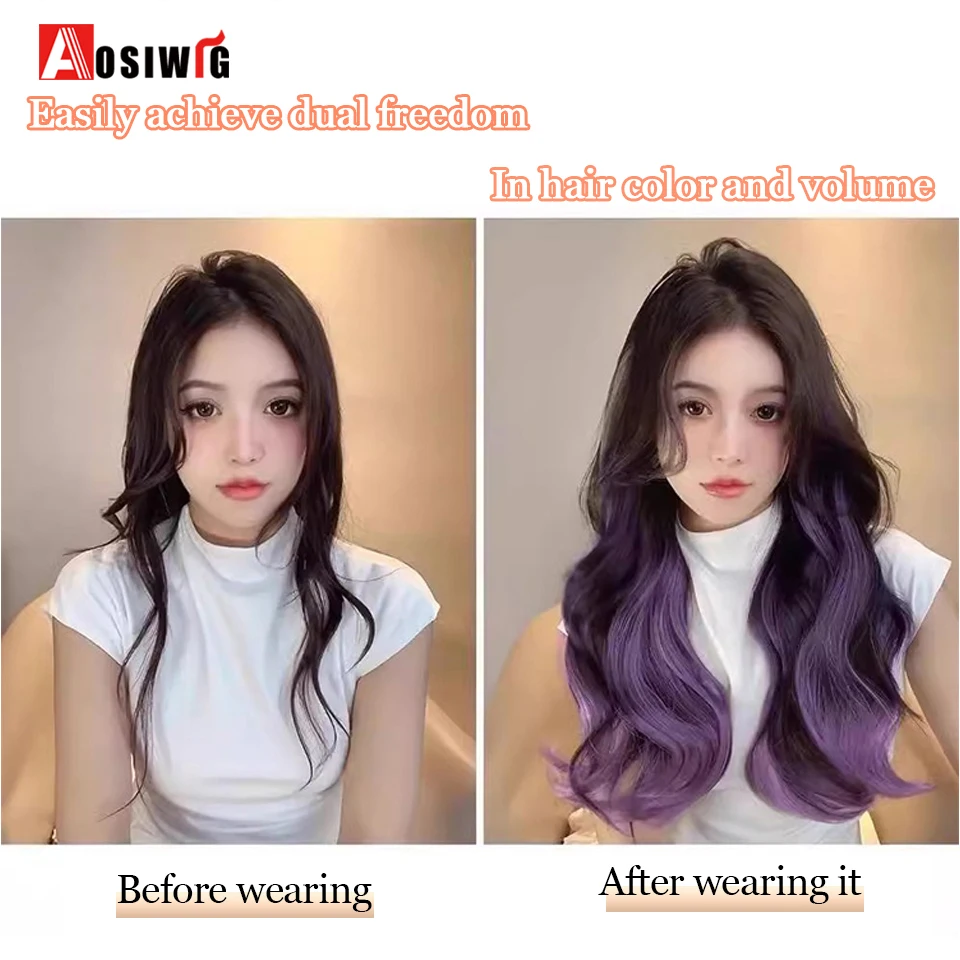 Ekstensi rambut sintetis keriting panjang bergelombang dalam ekstensi rambut hiasan rambut hitam highlight ungu 5 klip Ombre tahan panas untuk