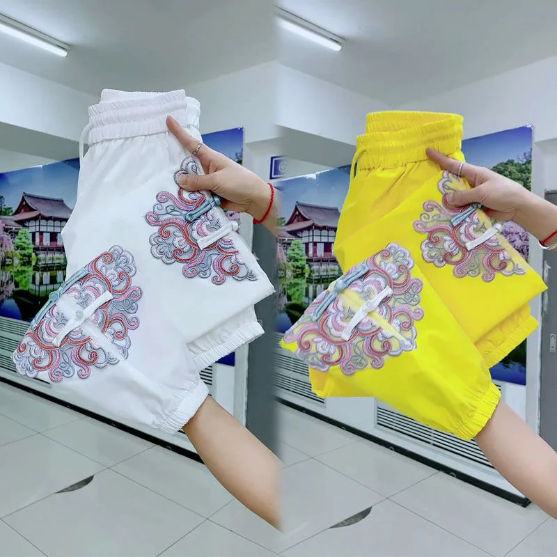 

2024 Explosions National Wind Summer New Chinese Loose Thin Quick-Drying Pants Women's Nine-Point Beam Feet New Embroidery