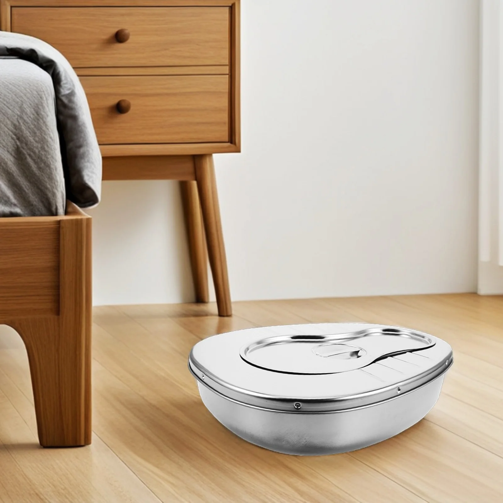 

Подложное судно для пожилых людей из нержавеющей стали, большая емкость, предотвращение запаха, эргономичный дизайн, портативный прикроватный комод, портативный комод