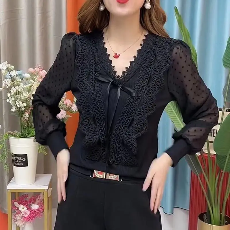 Elegante V-Hals Kanten Gesplitste Blouse Mode Trekkoord Strik Vrouwelijke Kleding Effen Kleur Herfst Woon-Werkverkeer Shirt Met Lange Mouwen