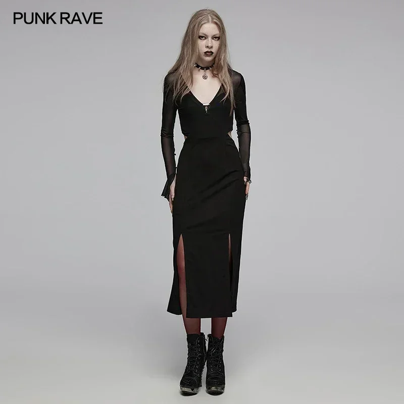 PUNK RAVE Women's Daily Minimalist Color Contrast V-neck Wrap Design Dress Party Club Sexy Long Dresses Women Clothing