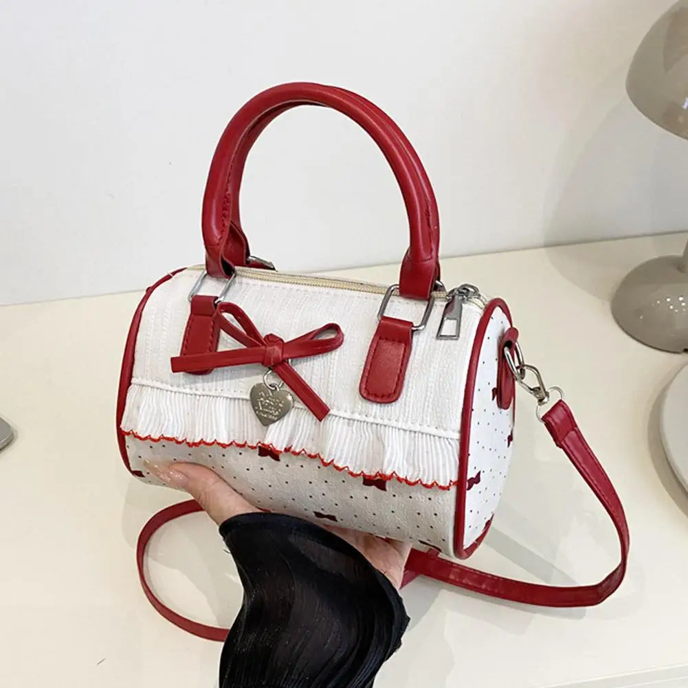 Sweet Bow Lolita Crossbody Bag Korean Style Women's PU Leather Pillow Handbag Ruffle Dot Single Shoulder Tote