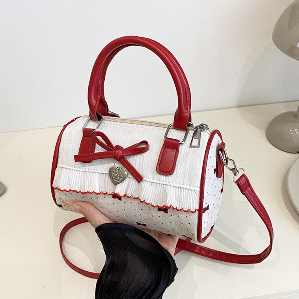  Sweet Bow Lolita Crossbody Bag Korean Style Women's PU Leather Pillow Handbag Ruffle Dot Single Shoulder Tote 