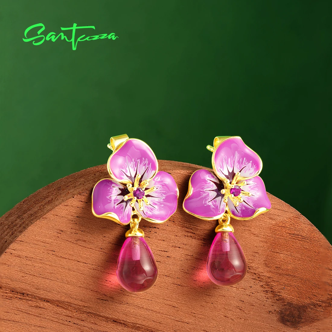 SANTUZZA Authentic 925 Sterling Silver Earrings For Women Sparkling Green& Pink Gems Delicate Party Gifts Enamel Fine Jewelry