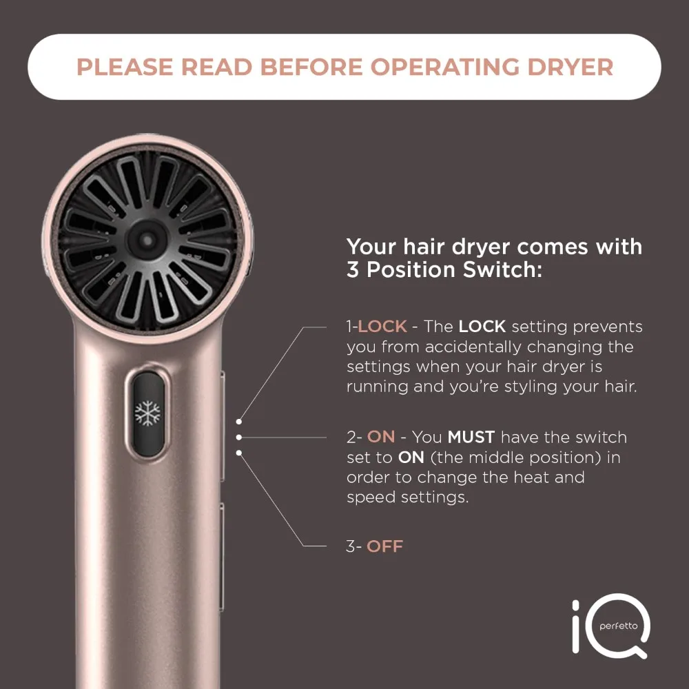 Hair Dryer Rose Gold - IQ Perfetto Lightweight, Powerful Pro Salon Blow with Diffuser & 2 Concentrator Nozzle Attachment Tools