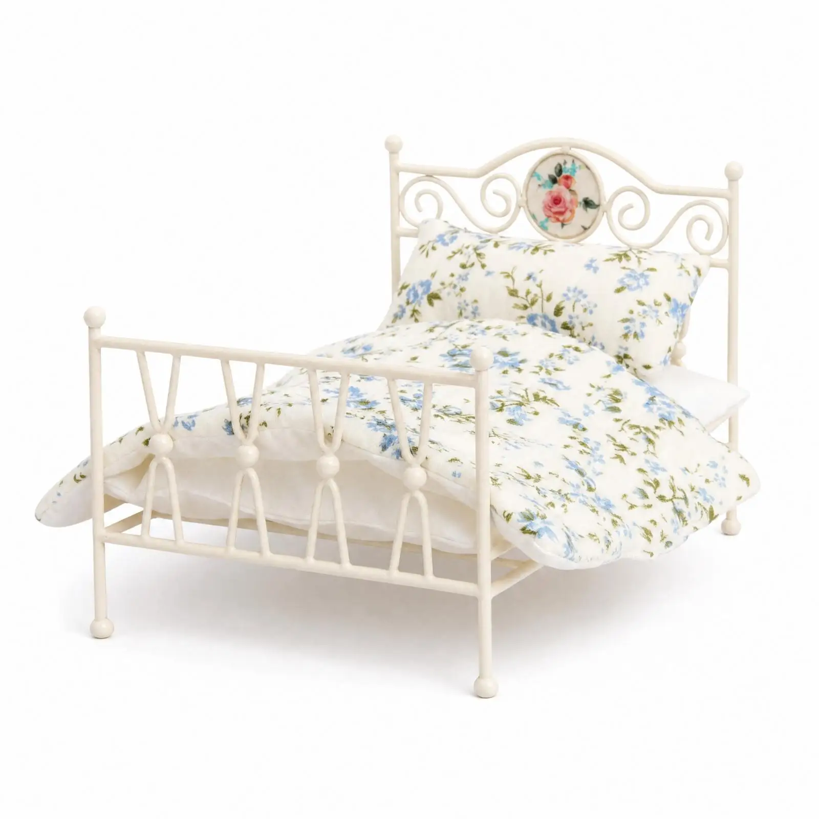Bed with Bedding Vintage Miniature Metal Bed Ornate Furniture for Collectors, Kids, Display Scenes