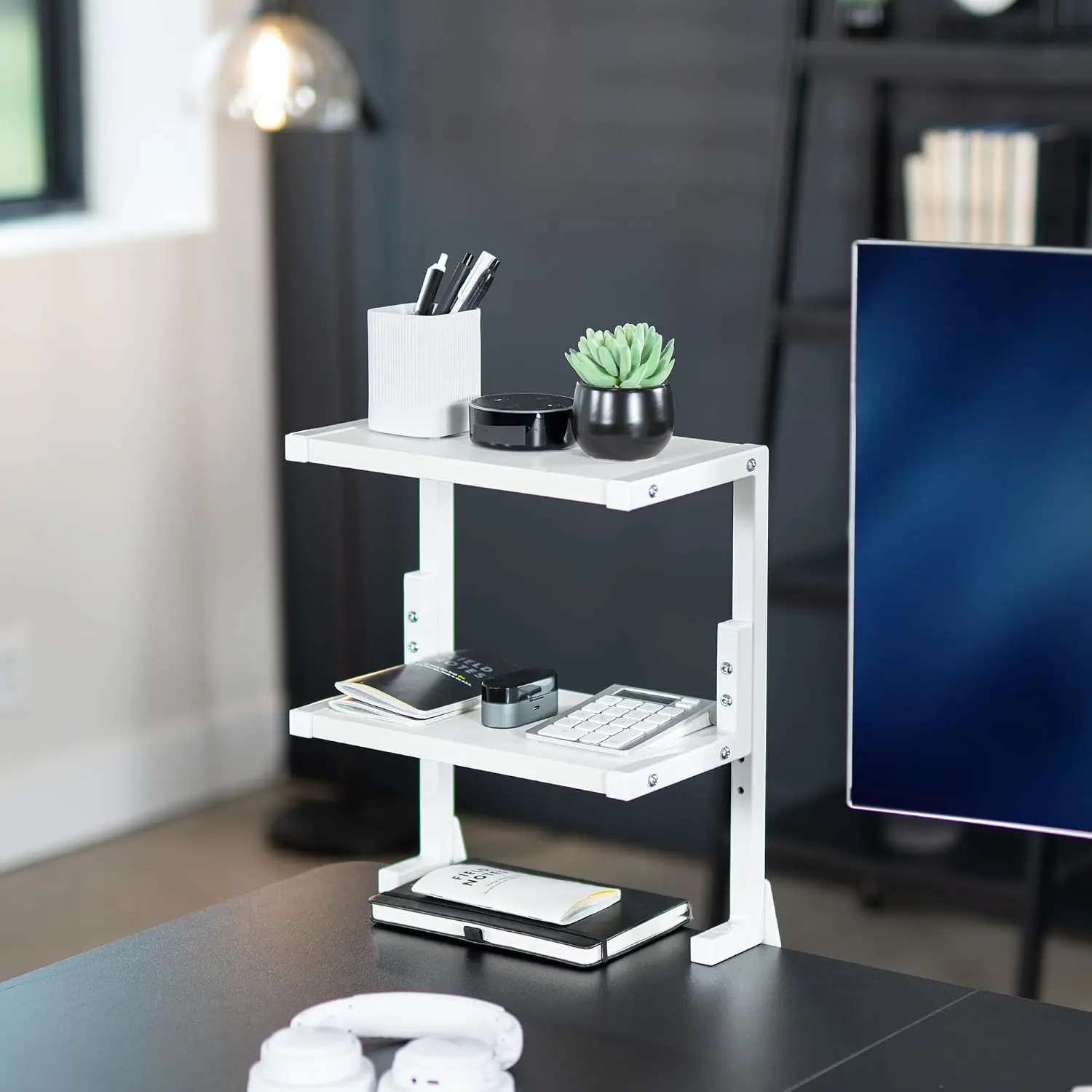 Desktop Organizer Premium Material 13 inch Desktop Tray Gaming 2-Tier Clamp-on All Season White
