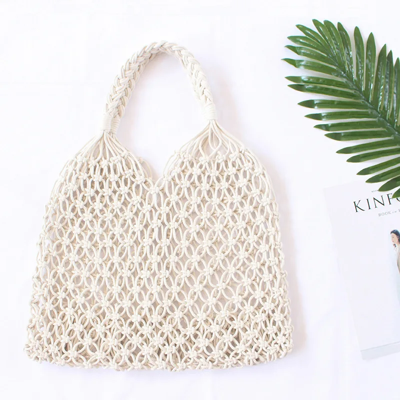 Women Boho Summer Woven Beach Bag Handmade Hollow Out Straw Bag Macrame Tote Girls Cotton Rope Crochet Handbags for Travel