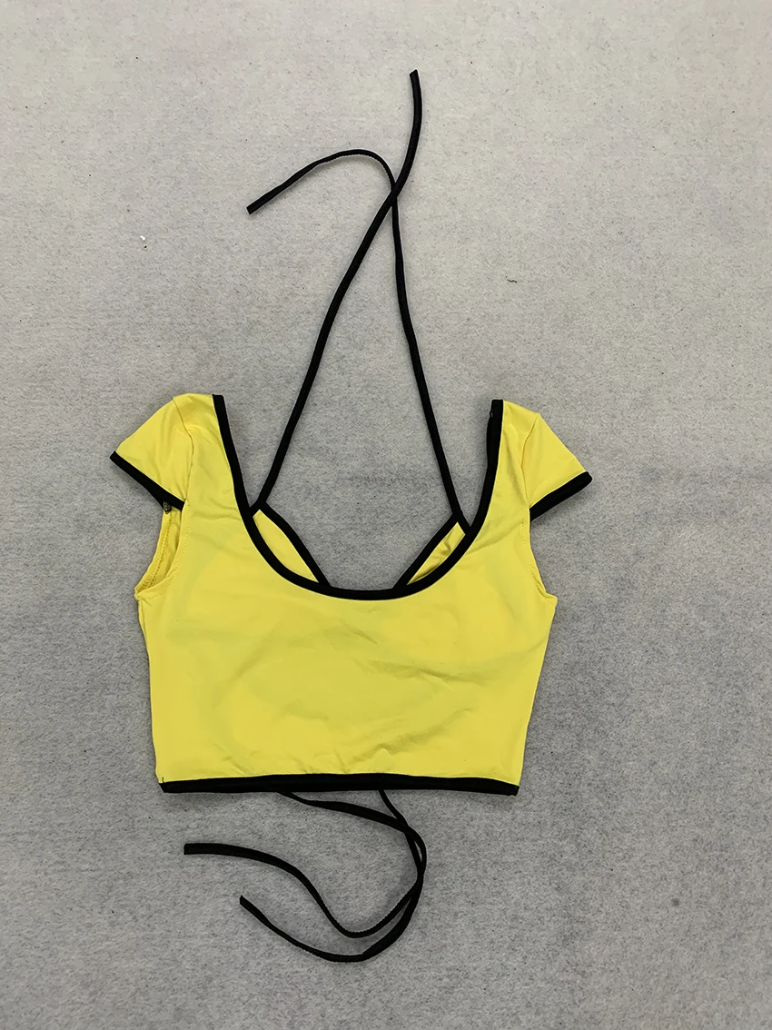 Y2K Gelb-Schwarz Verzierter 3-Teiliger Badeanzug, Neckholder-Bikini, Kurzarm-Crop-Top, Unterteil mit Bindeband, Sommer-Strandparty-Badeanzug für Damen – Detail 5