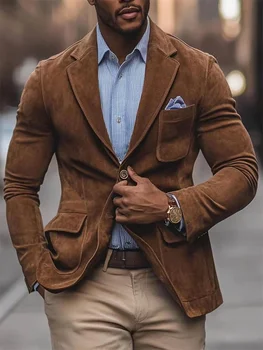Men's Suede Brown Blazer Vintage Slim Fit Notched Lapel Formal Jacket High Quality Flap Pocket Sport Coat For Business Casual 13
