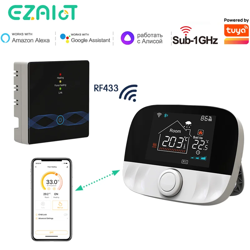 EZAIOT Thermostat sans fil intelligent WiFi/sans WiFi pour chauffage au sol, chaudière à eau/gaz, contrôleur de température Tuya programmable à distance, fonctionnant sur piles, avec récepteur, compatible Alexa, Google Home, Alice, thermomètre