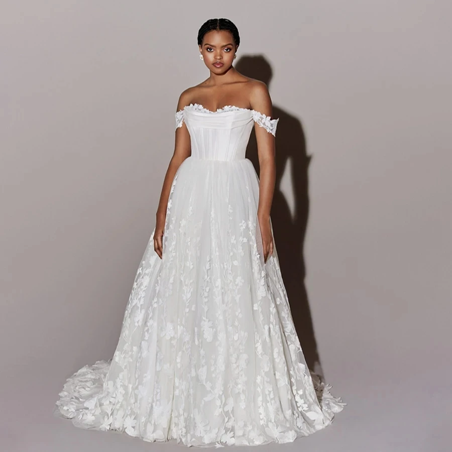 

Off Shoulder Lace Applique Wedding Dress for Bride Strapless A-Line Satin Pleated Tulle Bridal Ball Gown