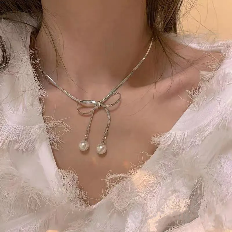 New Trendy Bowknot Snake Chain Necklace For Women Girl Sweet Pearl Bow Pendant Choker Necklace Y2k Aesthetic Jewelry Gift