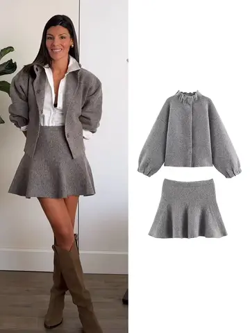 TFMLN-Conjunto de minifalda de punto para mujer, chaqueta Bomber holgada de manga larga, Falda corta acampanada, traje elegante para otoño e invierno