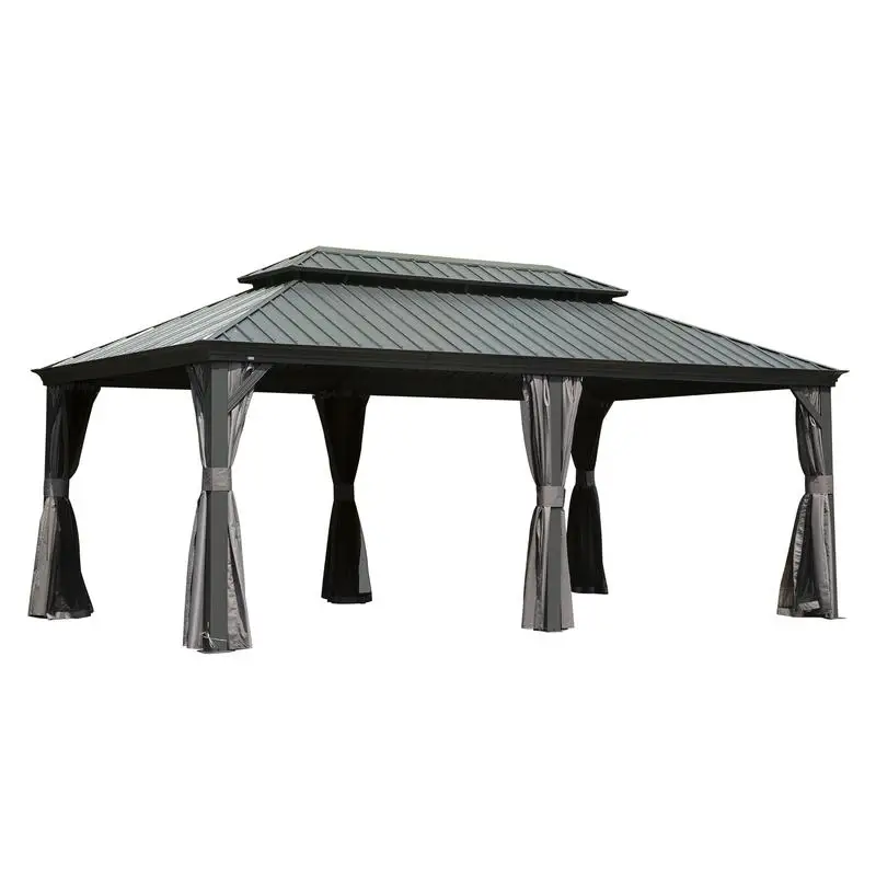 12x20 Hardtop Gazebo, Large Outdoor Metal Canopy with Galvanized Steel Double Roof, Aluminum Frame, Curtains & Netting for
