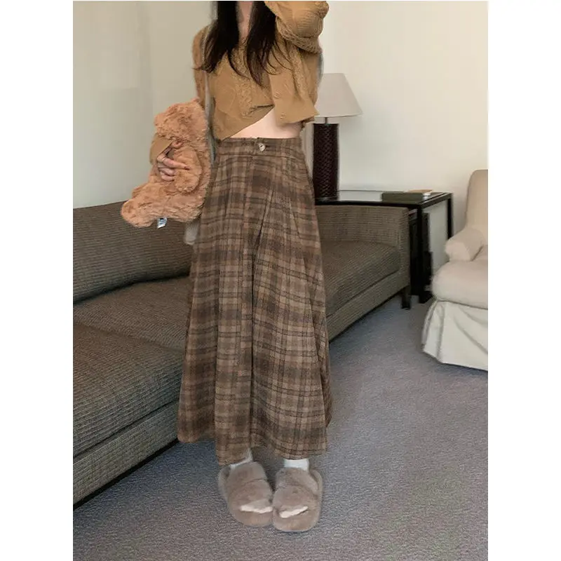 Deeptown Vintage Plaid Skirt Women Elegant Pleated Korean Style Long Skirts High Waist Autumn Winter A-line Skirts Aesthetics