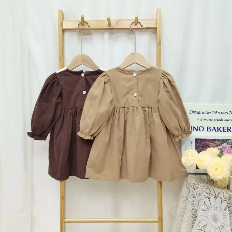 Autumn Baby Girl Dress Khaki Coffee Patchwork Dress Spring Turn-down Collar Retro Princess Dresses Infant Clothes Korean Style