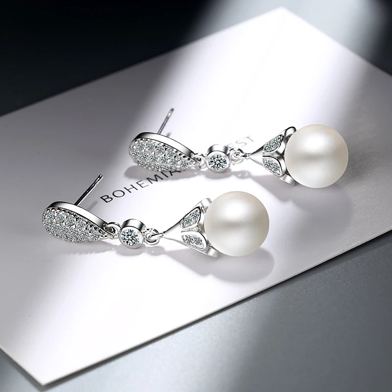 ALIZERO 925 Sterling Silver Natural Freshwater Pearl Drop Earrings For Women Pearl Earring Wedding Party Fashion Jewelry