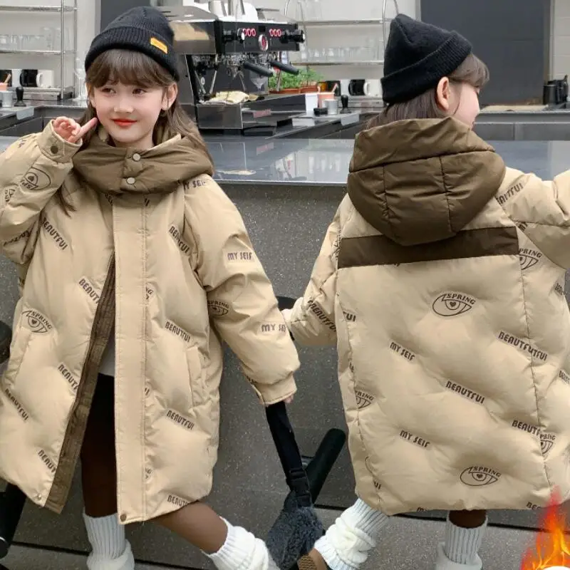 かわいい女の子ファッション保温フード付きダウンコットンジャケットトップス学生冬カジュアルミッドレングス厚手コート子供服