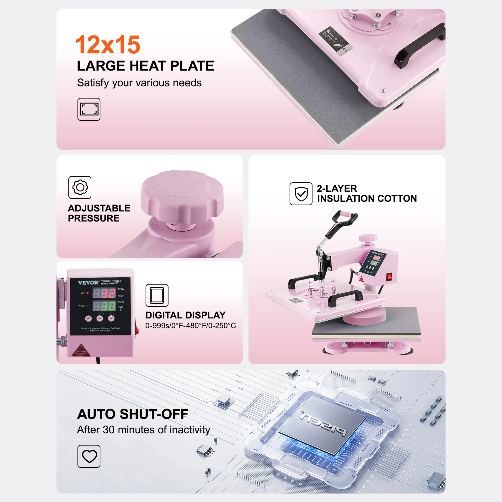 VEVOR Heat Press Machine 12 x 15 inch  8 in 1 Heat Transfer Machine 360° Swing Away T-Shirt for T-Shirts/Mugs/Hats/Plates Pink