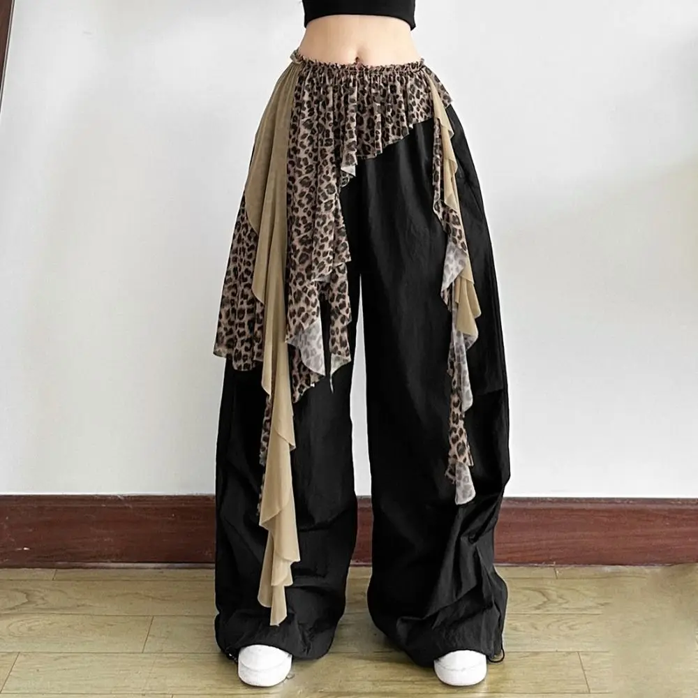 

Асимметричная мини-юбка с кружевом, леопардовым принтом, прозрачная, на шнуровке, с оборками, в стиле Харадзюку, плиссированная