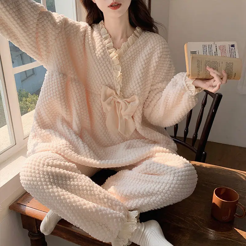 

Autumn and Winter Pajamas Female New Style Princess Top Grade Coral Fleece Extra Fleece and Thicker Sweet Cute A Loungewear Set