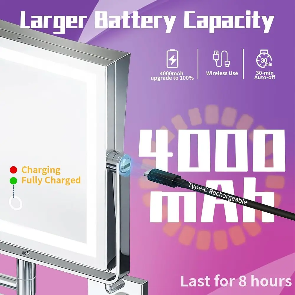 Beleuchteter doppelseitiger Schminkspiegel mit 4000 mAh Akku, 360 °   Rotation, 3 Lichtfarben, Touch-Dimmbar und 1X/10X Magnifica