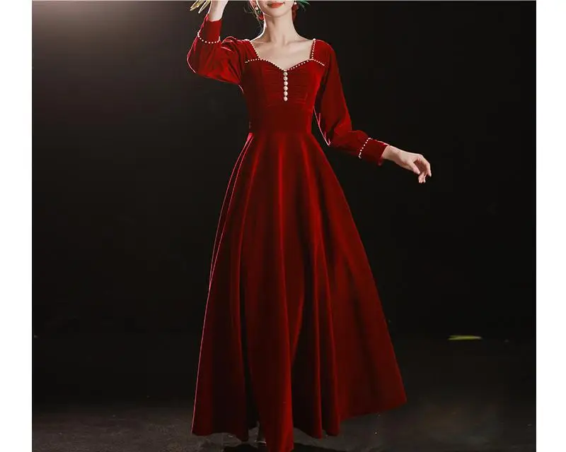 

AH 115 Velvet toast dress 2024 new summer bride wedding engagement temperament wine red evening dress