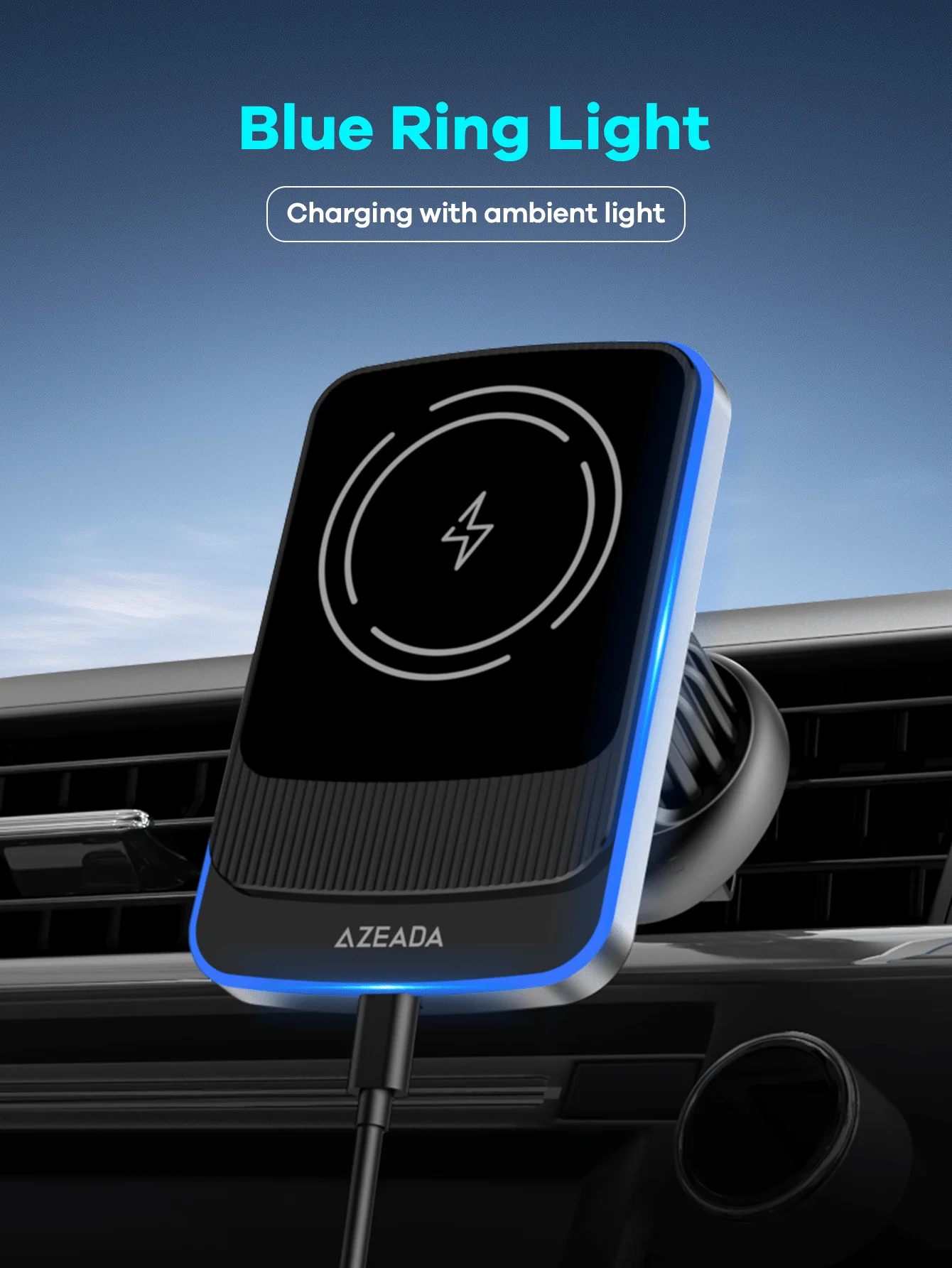 

Slim Magnetic Wireless Car Charger 15W Fast Charge With 360° Rotation For iPhone, Type-C Input, Strong Magnet, Ambient Blue