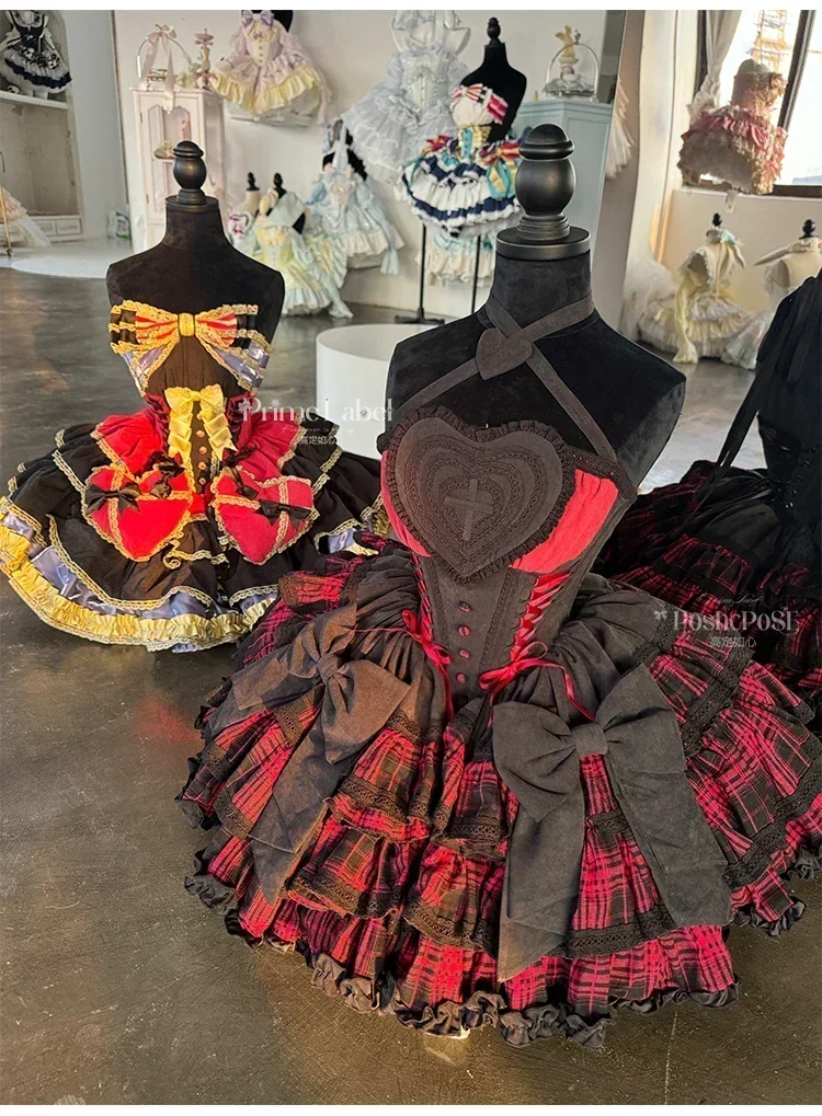 Wysokiej jakości Cosplay Lolita Black Red Plaid Dress Female Sweet Cute Bow Neck Princess Dress Lady Gothic Slim Party Evening Dress