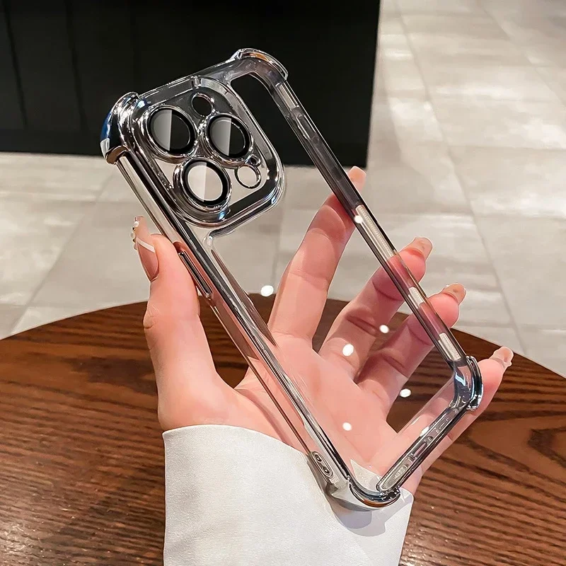 Luxury Electroplate Shockproof Transparent Phone Case For iPhone 18Pro17 15 14 13 12 11 16 Pro Max Lens Films Bumper Clear Cover