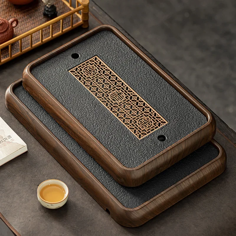 High-end Imitation Black Gold Stone Tea Tray Household Tea Table Drain TrayTray  Set New Sea Set Dry Brewing Gift