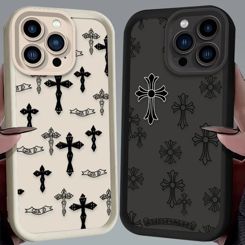 Luxury Black Cross Print Phone Case for IPhone 16 15 14 13 12 11 Pro Max Mini XR XS X 7 8 Plus Soft TPU Back Cover