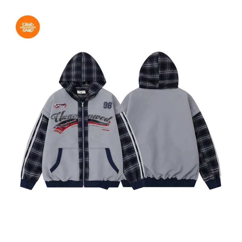 

DAVIDSHAO EU US Size Top Quality Street Outdoor Winter Retro Hoodie Jacket Fake Two-Piece Plaid Patchwork Zipper Sweatshirt