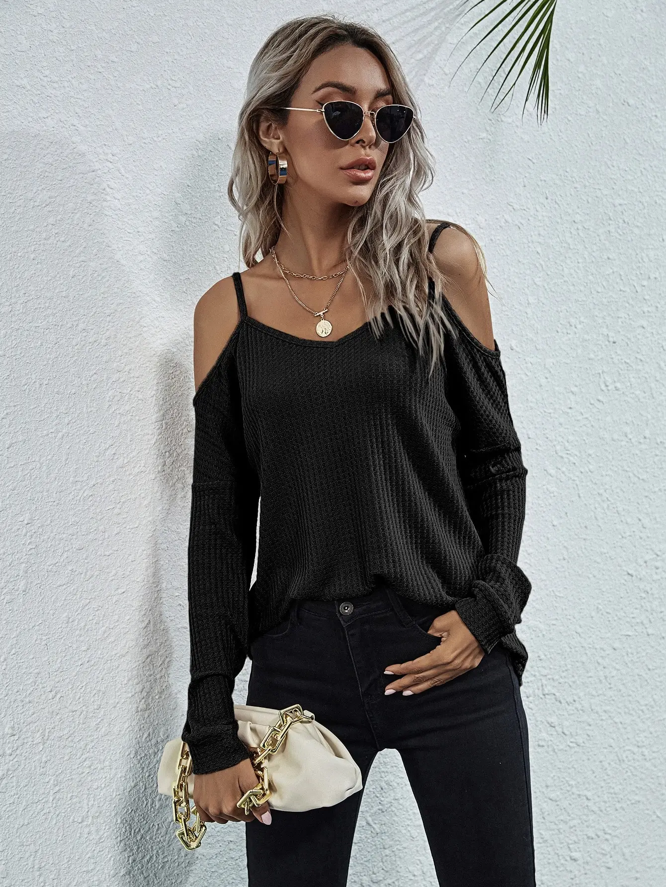Nice Casual And Fashionable Loose Straps Long Sleeves Knitted Spring And Summer Women's T-shirt
