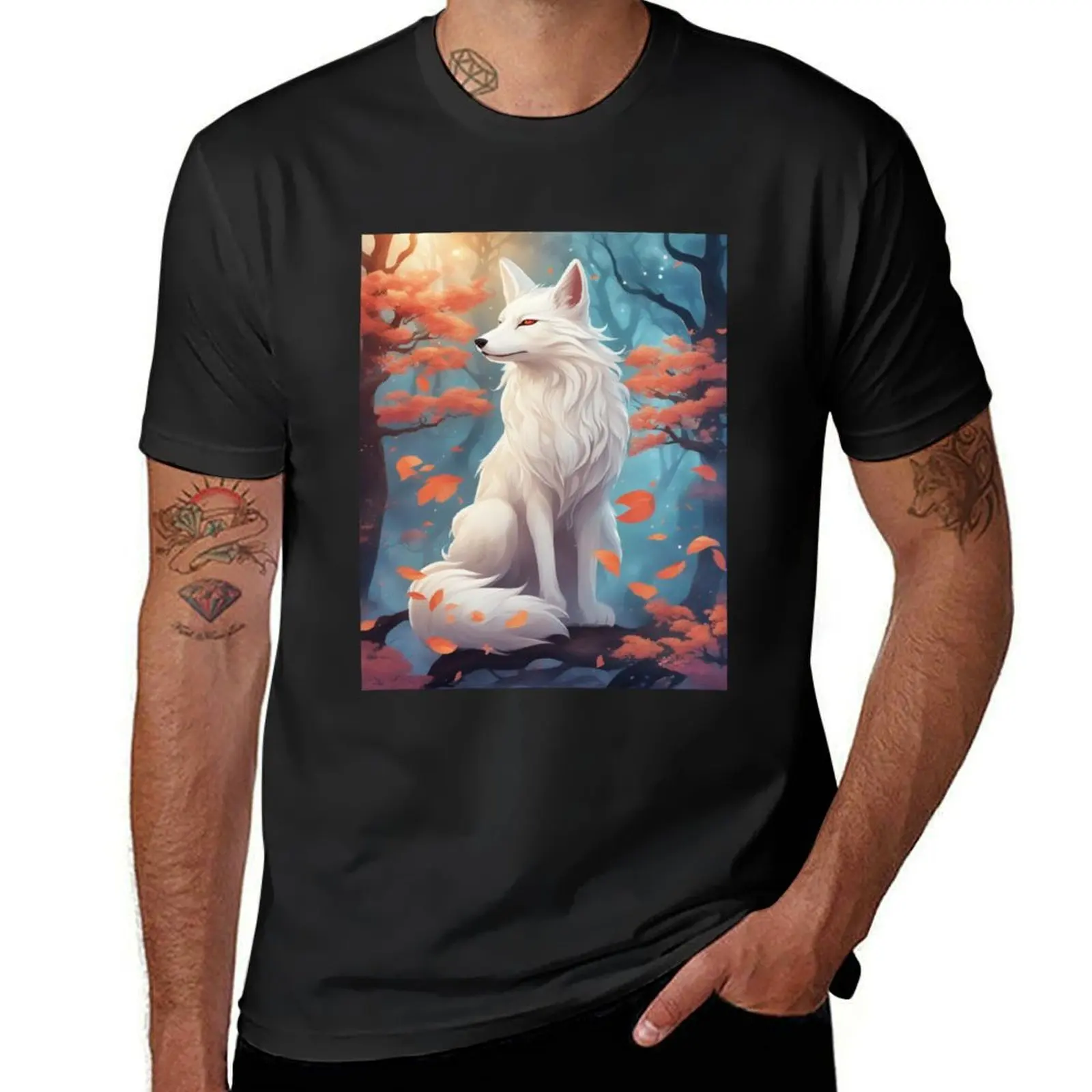 Japanese folklore fox kitsune forest cherry blossom tree fantasy art T-Shirt cute clothes fitted t shirts for men