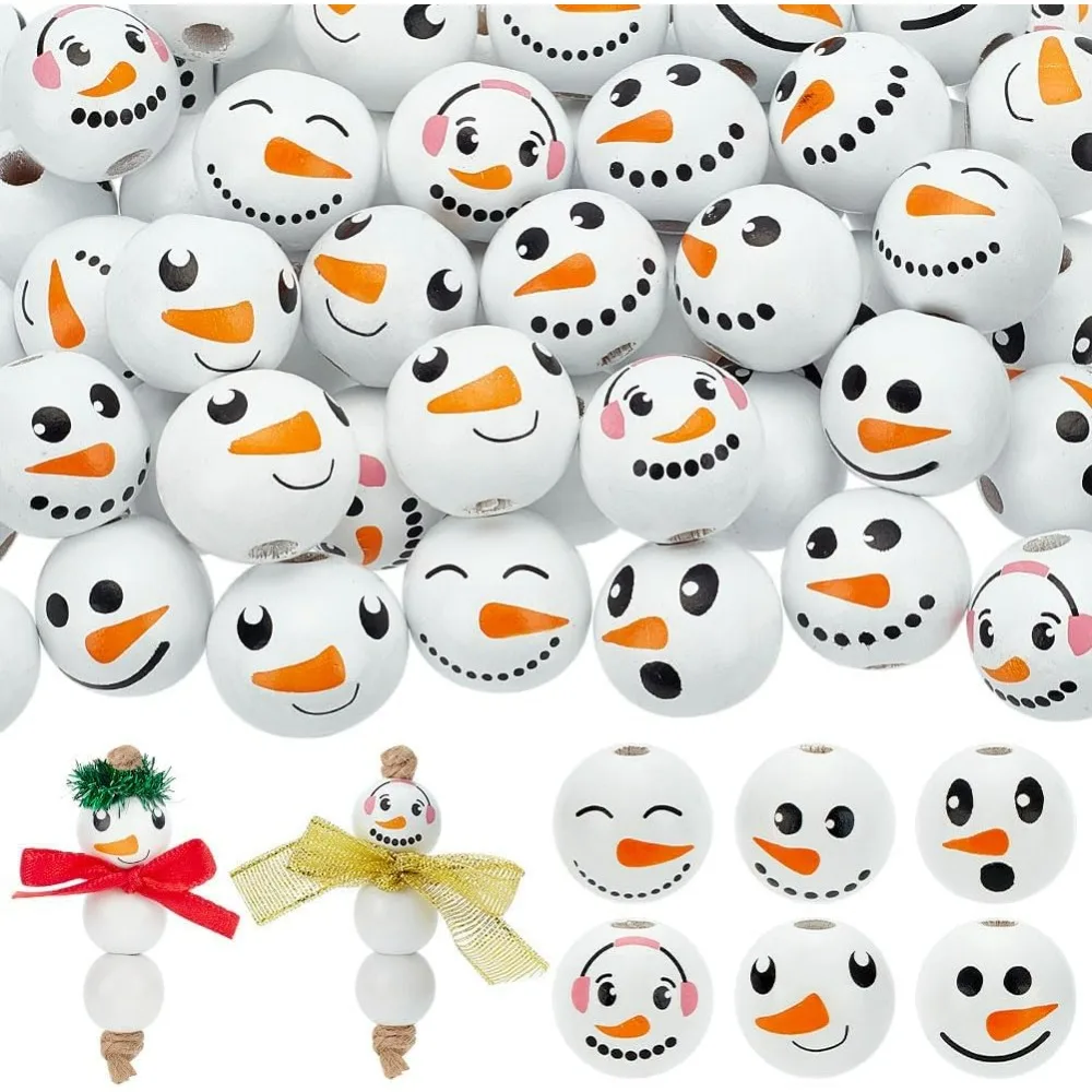 6 Styles Large Hole Snowman Wooden Beads - 60pcs 20mm White Ball Head with 4.5mm Hole Spacer Beads for Christmas making kit